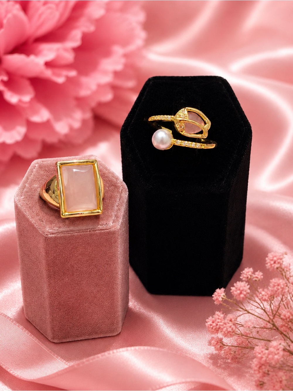 2 Beautiful Gold Plated Rings with Pink Stones